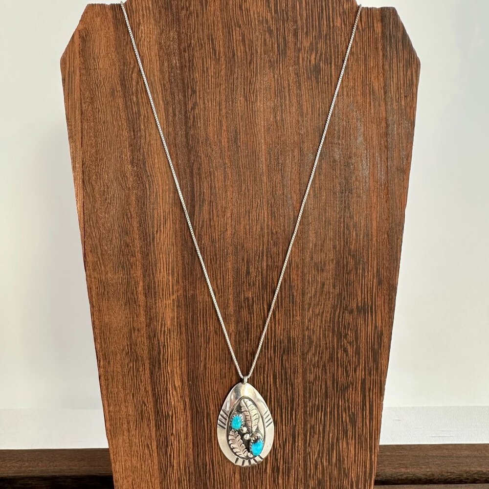 1970s Native American Navajo Turquoise Pendant Necklace, Sterling Silver Leaf - Picture 2 of 8
